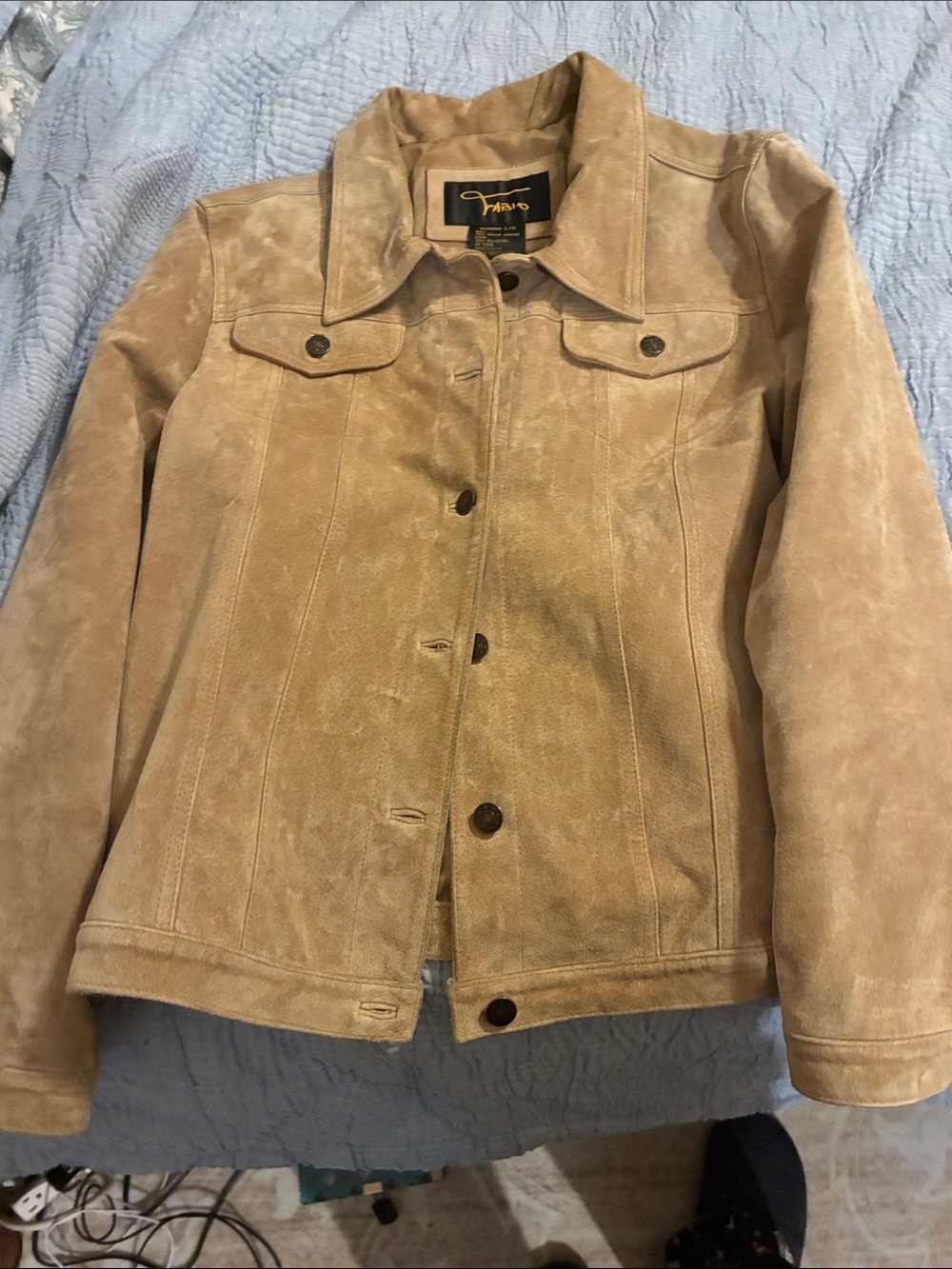 Classic Suede Trucker Jacket in Tan by Trina Turk